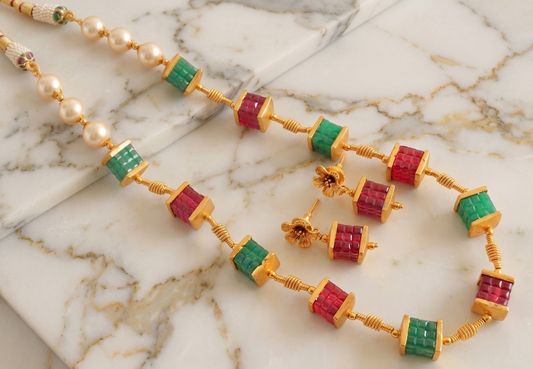 Gorgeous Antique Red-green Pearl Necklace Set-dj07405