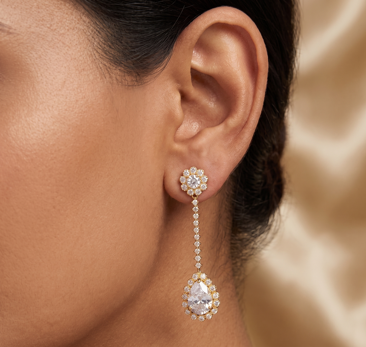 Gold Tone Cz White Long Earrings -dj07426