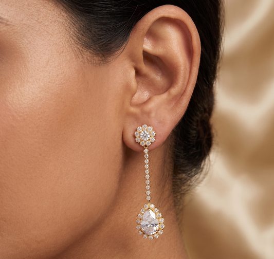 Gold Tone Cz White Long Earrings -dj07426