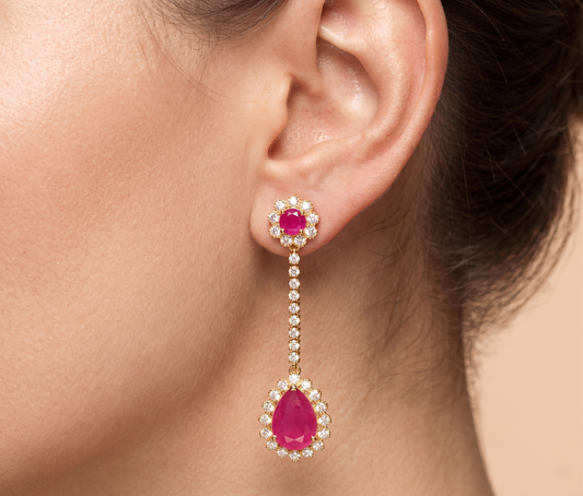 Gold Tone Cz-ruby Long Earrings -dj07427