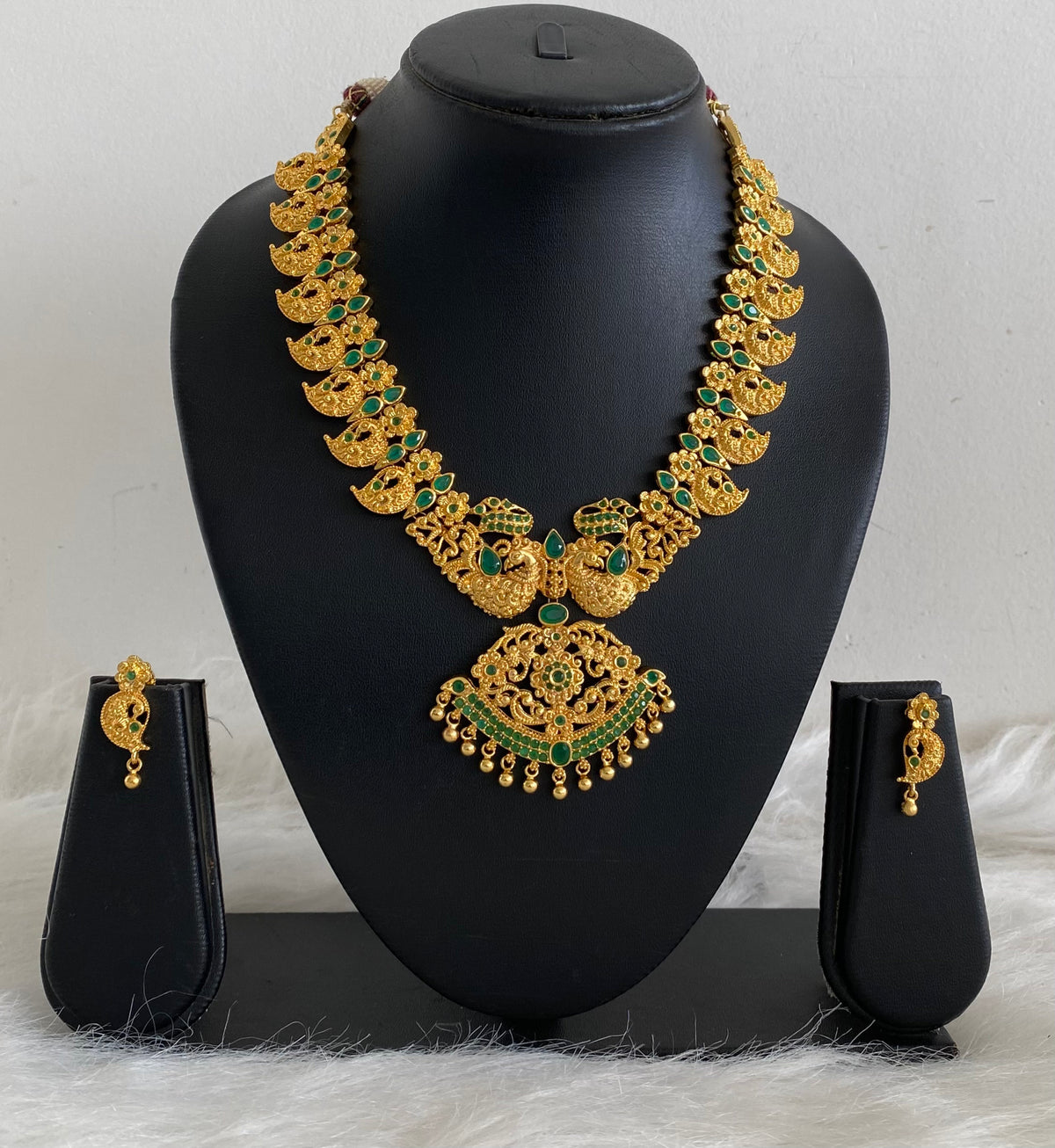 Gold Tone Bridal Emerald Peacock Necklace Set-dj07437