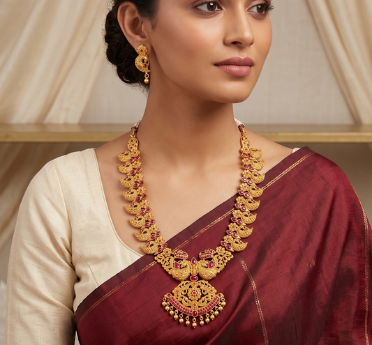 Royal Gold Plated Bridal Ruby Peacock Necklace Set-dj07438