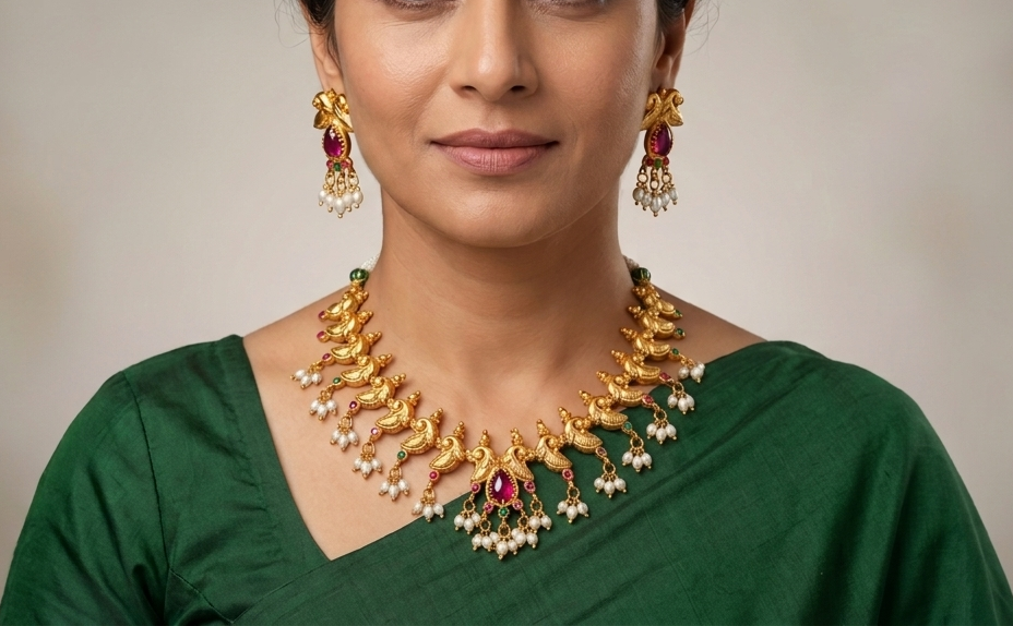 Gold tone Kemp-green pearl Peacock Necklace Set-dj07441