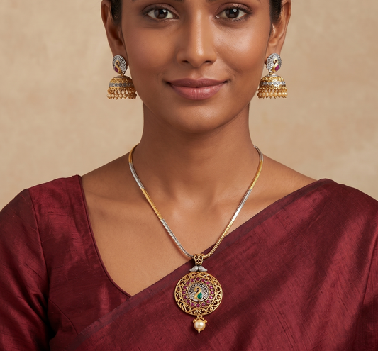Two Tone Pink-green pearl Peacock Necklace Set-dj07443