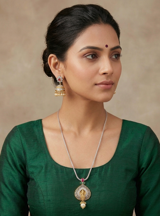 Two Tone Ruby-emerald pearl Peacock Necklace Set-dj07449