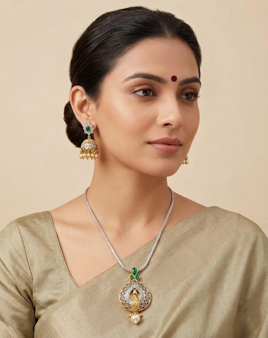 Beautiful Dual Tone Emerald Peacock Necklace Set-dj07450