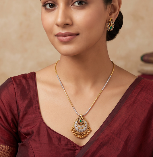 Beautiful Dual Tone Emerald Peacock Necklace Set-dj07451