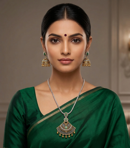 Beautiful Dual Tone Emerald Necklace Set-dj07455