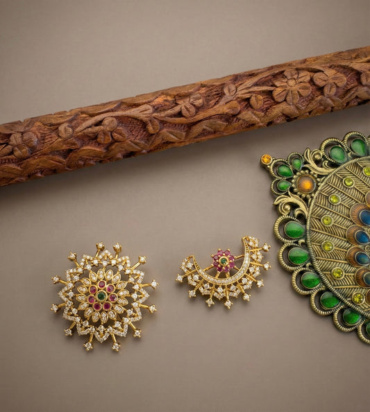 Antique gold tone kemp-green-white sun moon hair jewel dj-52021