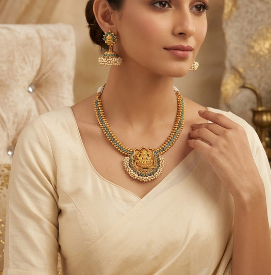 Antique sky blue pearl cluster lakshmi necklace set dj-07488