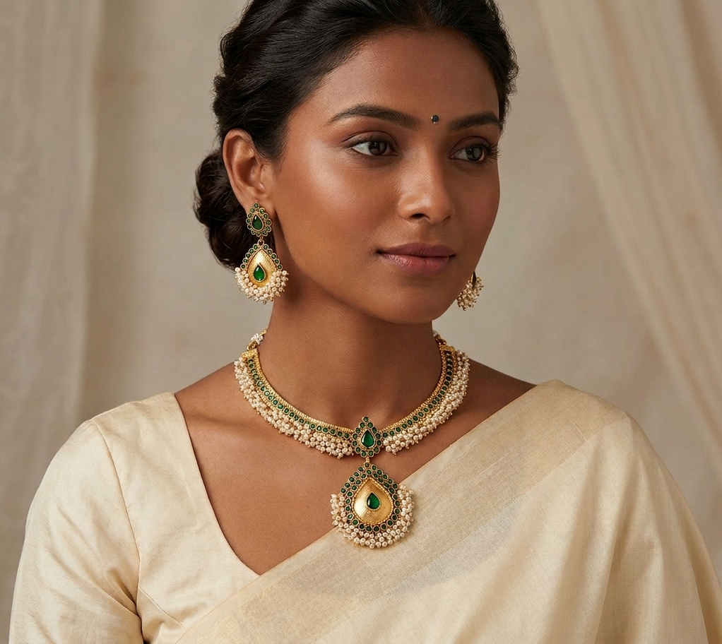 Antique pearl cluster green necklace set dj-07496