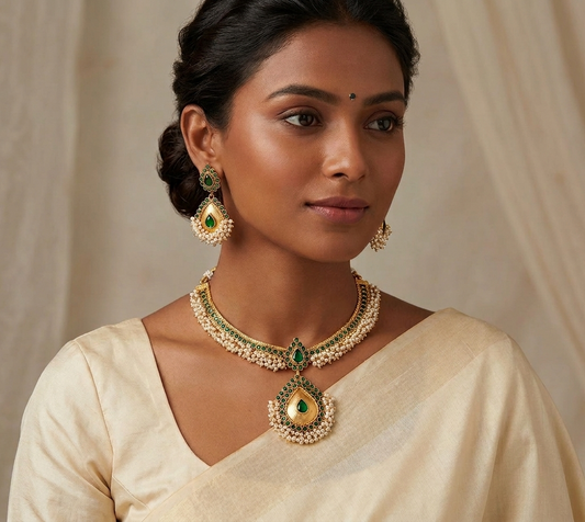 Antique pearl cluster green necklace set dj-07496
