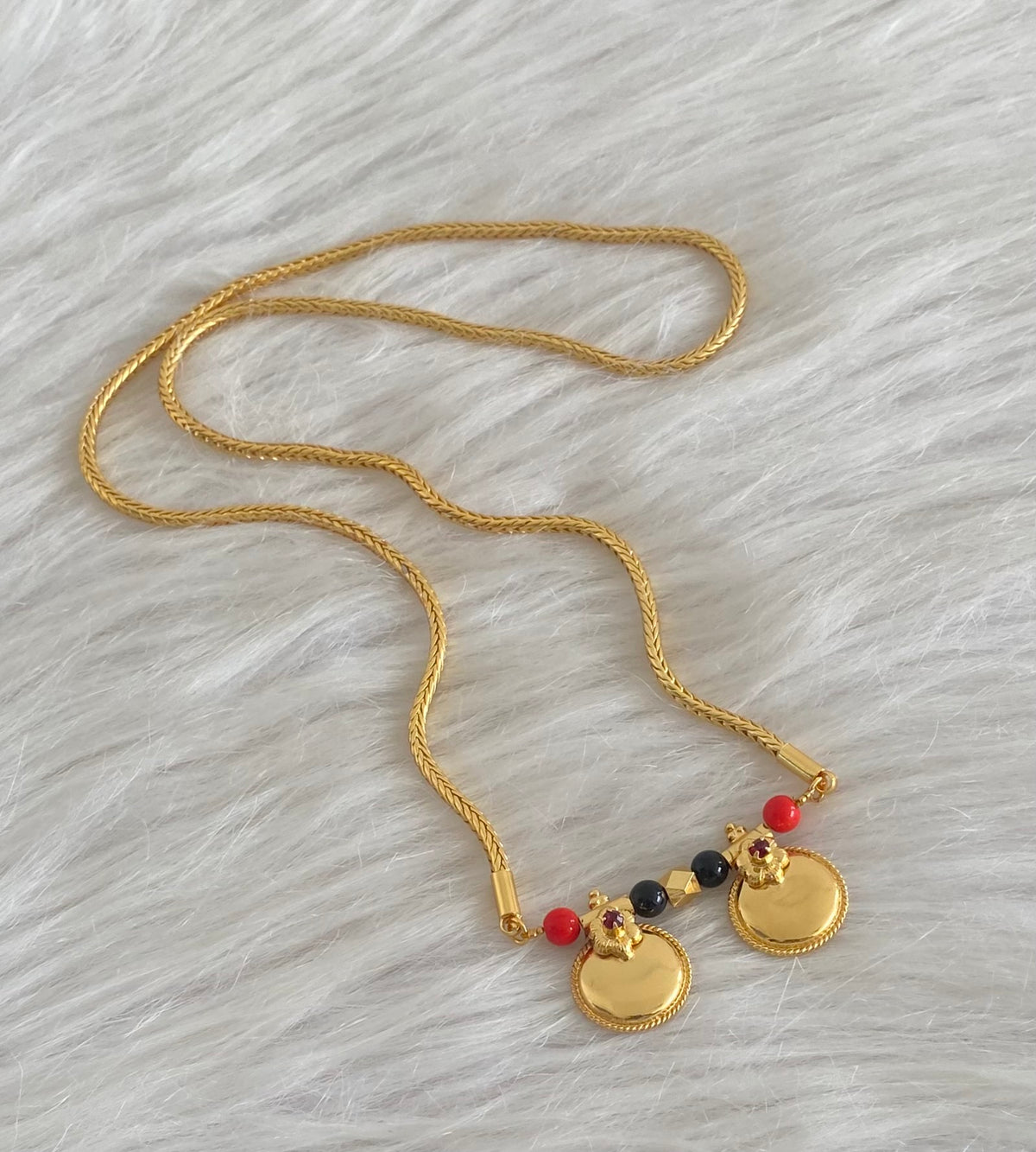 Gold tone 24 inches coral-black beads bottu mangalyam dj-55017