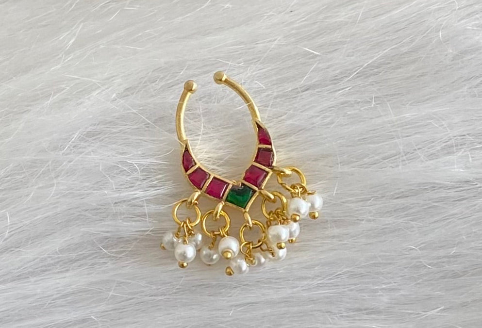 Gold tone kundan jadau pink-green stone pearl nose pin/bulakku dj-53792