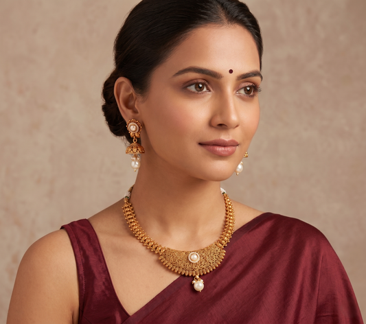 Antique gold tone pearl necklace set-dj07513