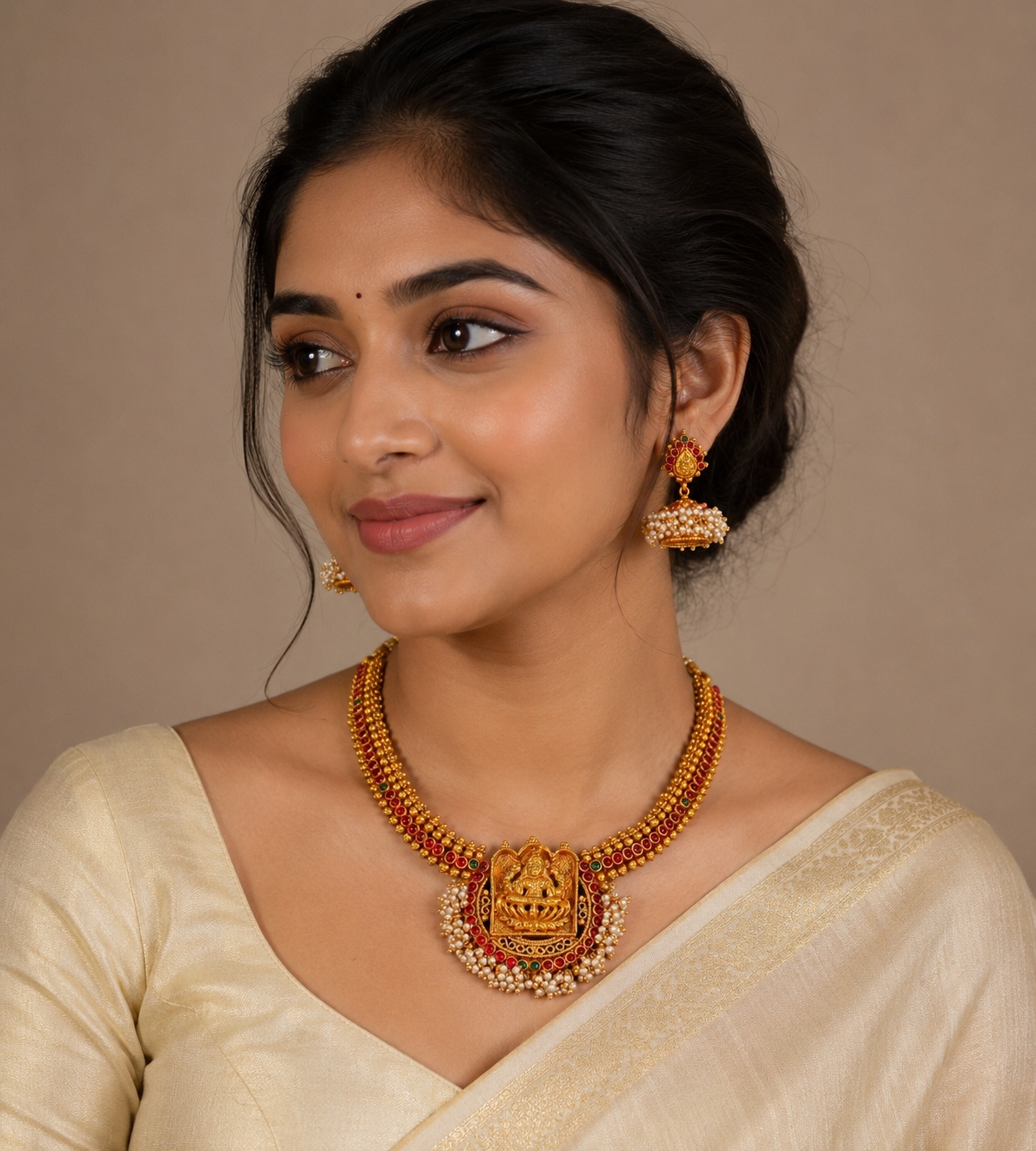 Antique kemp-green Lakshmi pearl cluster necklace set dj-07516