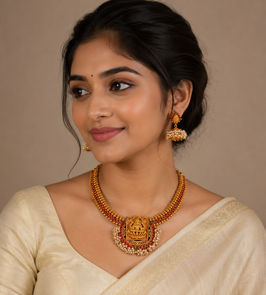Antique kemp-green Lakshmi pearl cluster necklace set dj-07516