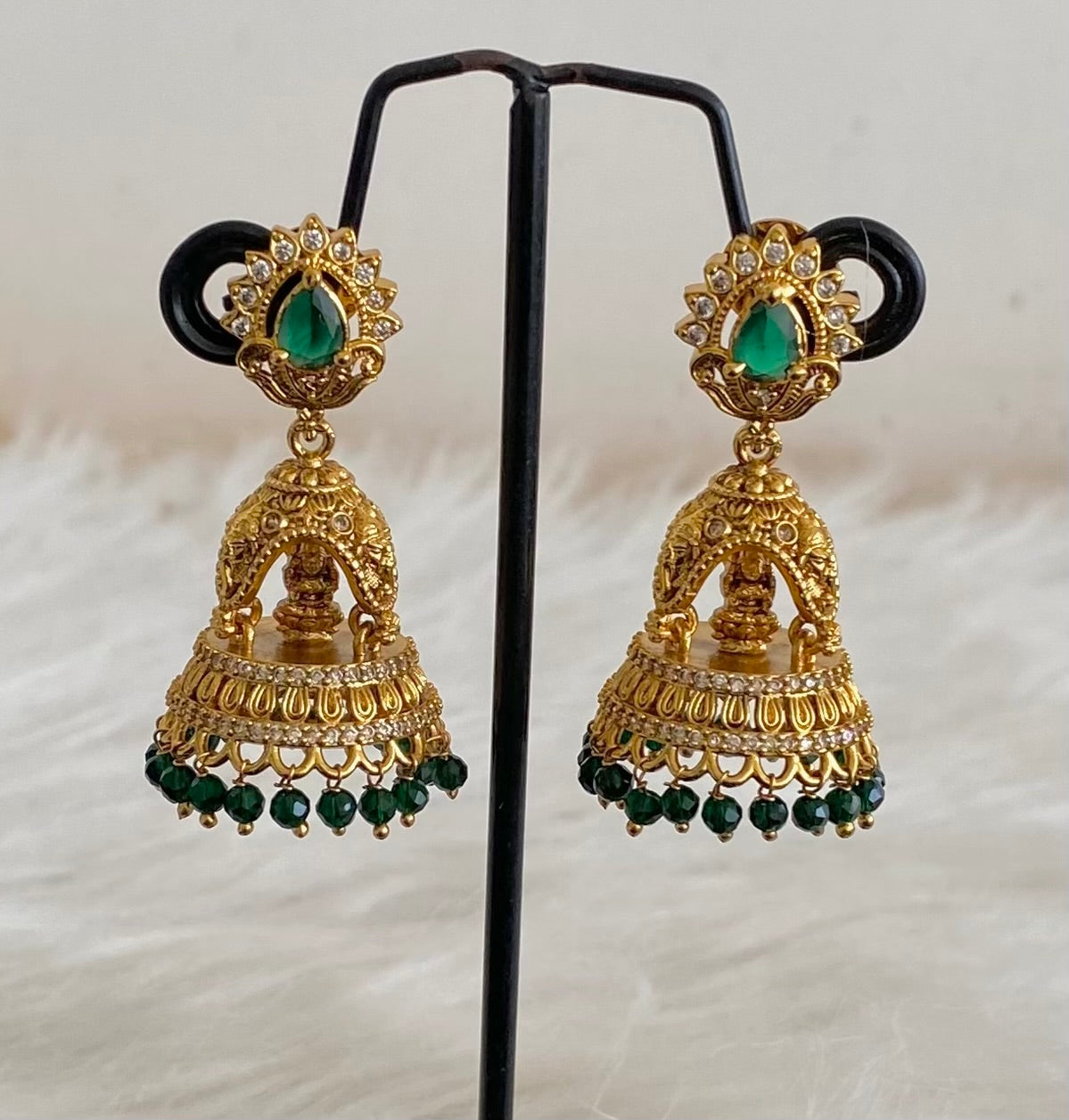 Matte finish white-green elephant Lakshmi jhumkka dj-53573