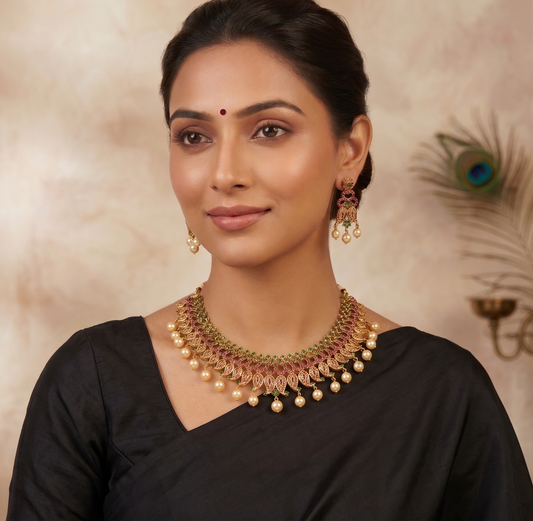 Gold plated cz ruby-emerald mango pearl necklace set dj-07560