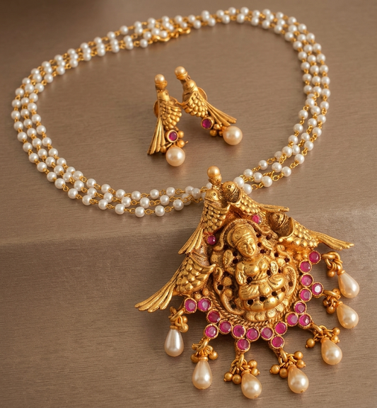 Matte Finish ruby pearl Lakshmi necklace set-dj07563