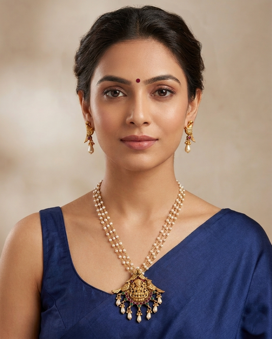 Matte finish pink-green lakshmi necklace set-dj07564