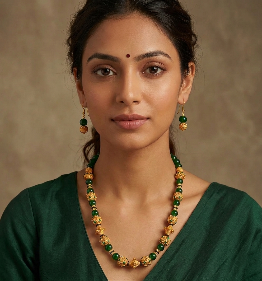 Matte Finish Handmade Green Designer Beads Necklace Set-dj07586