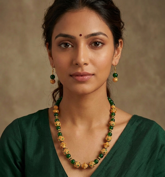 Matte Finish Handmade Green Designer Beads Necklace Set-dj07586