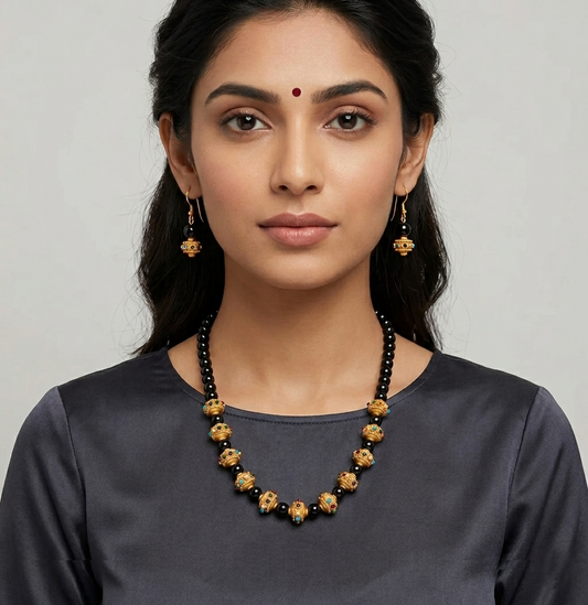 Matte Finish Handmade Black Designer Beads Necklace Set-dj07590