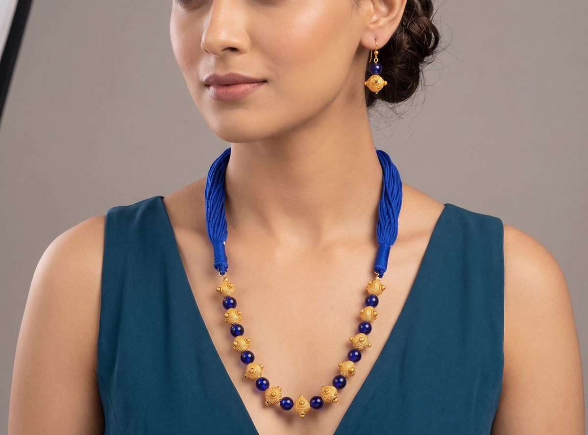 Matte Finish Handmade Blue Designer Beads Necklace Set-dj07591