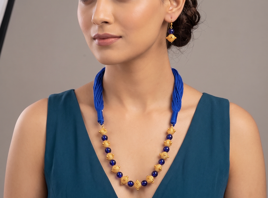 Matte Finish Handmade Blue Designer Beads Necklace Set-dj07591