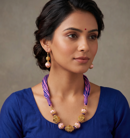 Antique gold tone Baby pink-Blue Necklace Set-dj07592