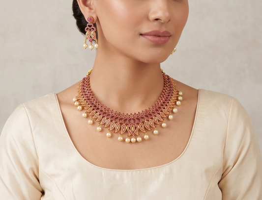 Gold plated cz-ruby mango pearl necklace set dj-07559