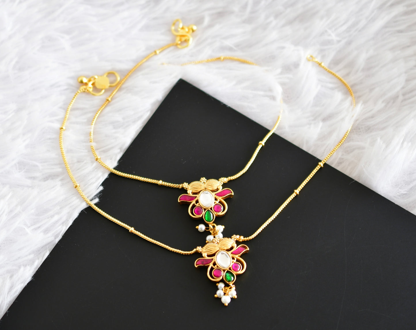 Gold tone pink-green-white kundan jadau anklets dj-52397