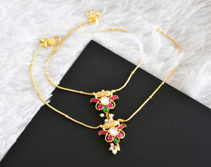 Gold tone pink-green-white kundan jadau anklets dj-52397