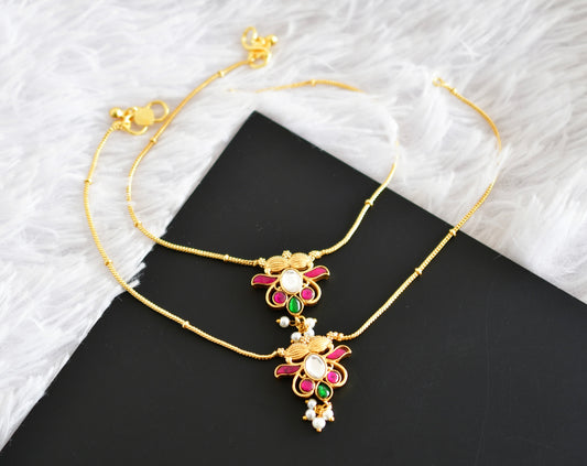 Gold tone pink-green-white kundan jadau anklets dj-52397