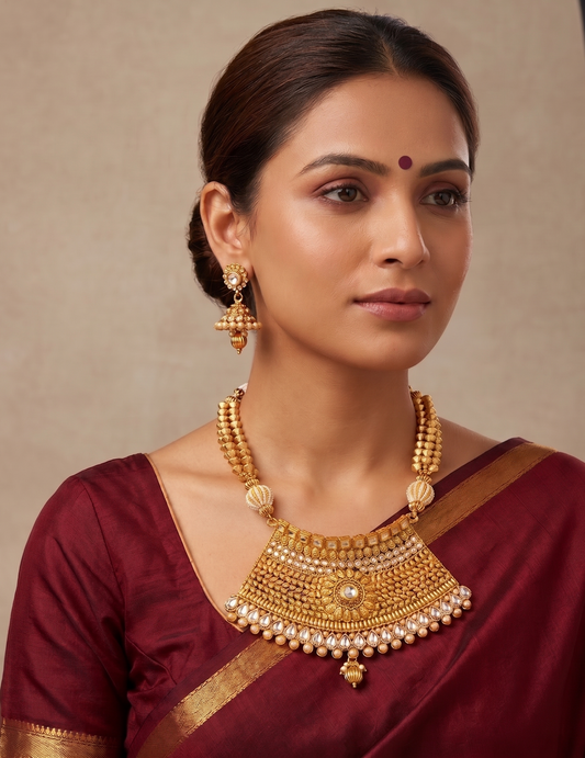 Antique gold tone beaded choker necklace set-dj07607