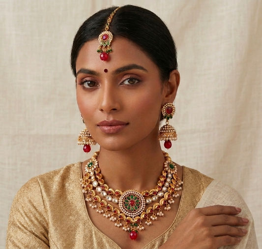 Beautiful Antique Maroon-green Polki Necklace Set-dj07625