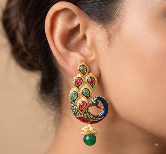 Matte finish red-green peacock earrings -dj07628