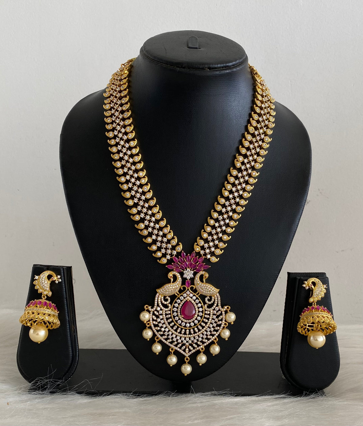 Gold tone cz-ruby peacock necklace set dj-07669
