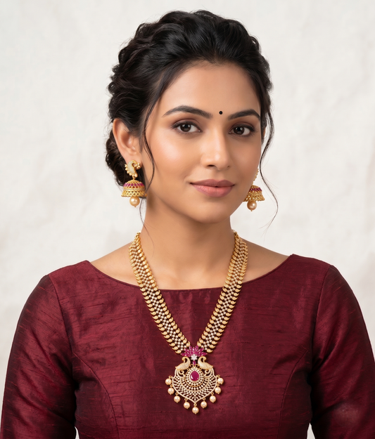 Gold tone cz-ruby peacock necklace set dj-07669