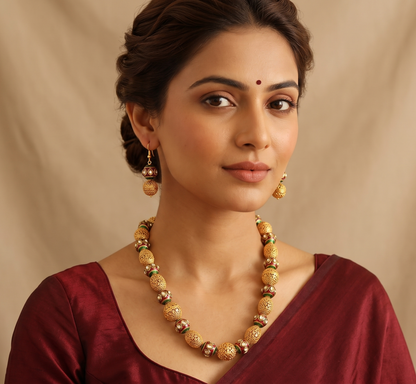 Antique gold tone meenakari beaded necklace set-dj07685