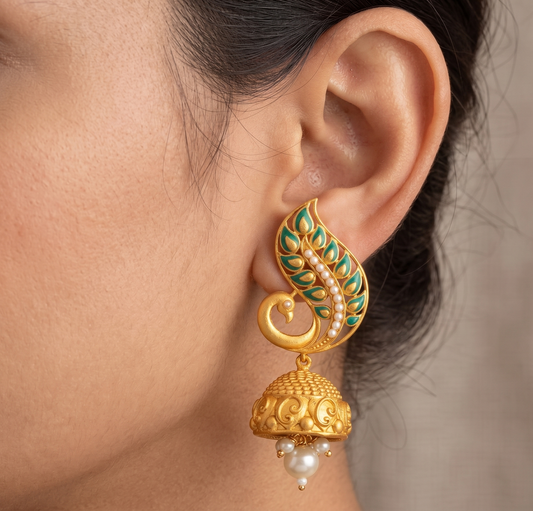 Matte Finish green meenakari peacock jhumkka-dj07689