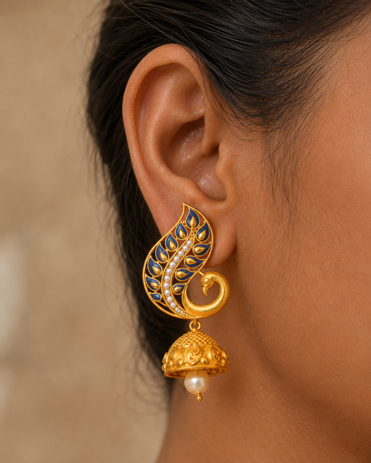 Matte finish blue meenakari peacock jhumkka -dj07695