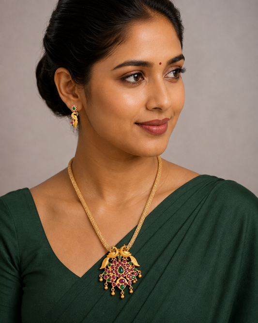 Matte Finish Ruby-emerald Peacock Necklace Set-dj07696