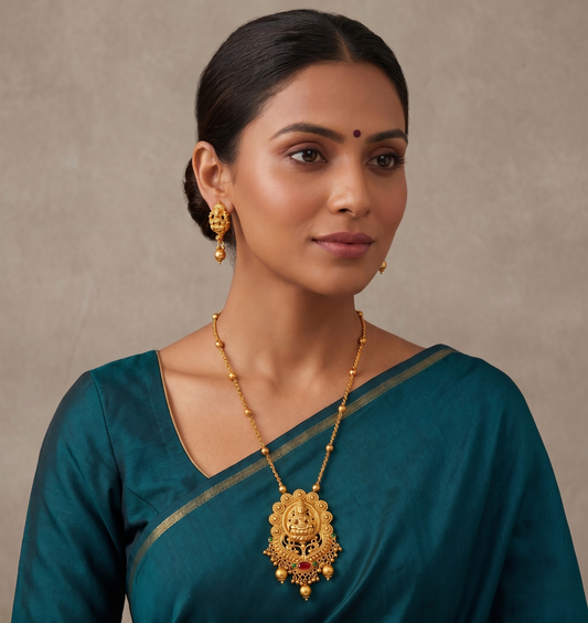 Unique Matte Finish Ruby-emerald Lakshmi Necklace Set-dj07699