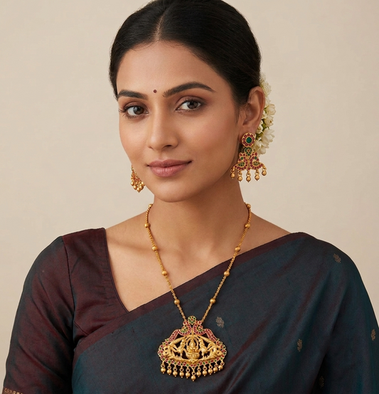 Matte Finish Ruby-emerald Peacock Gajalakshmi Necklace Set-dj07703