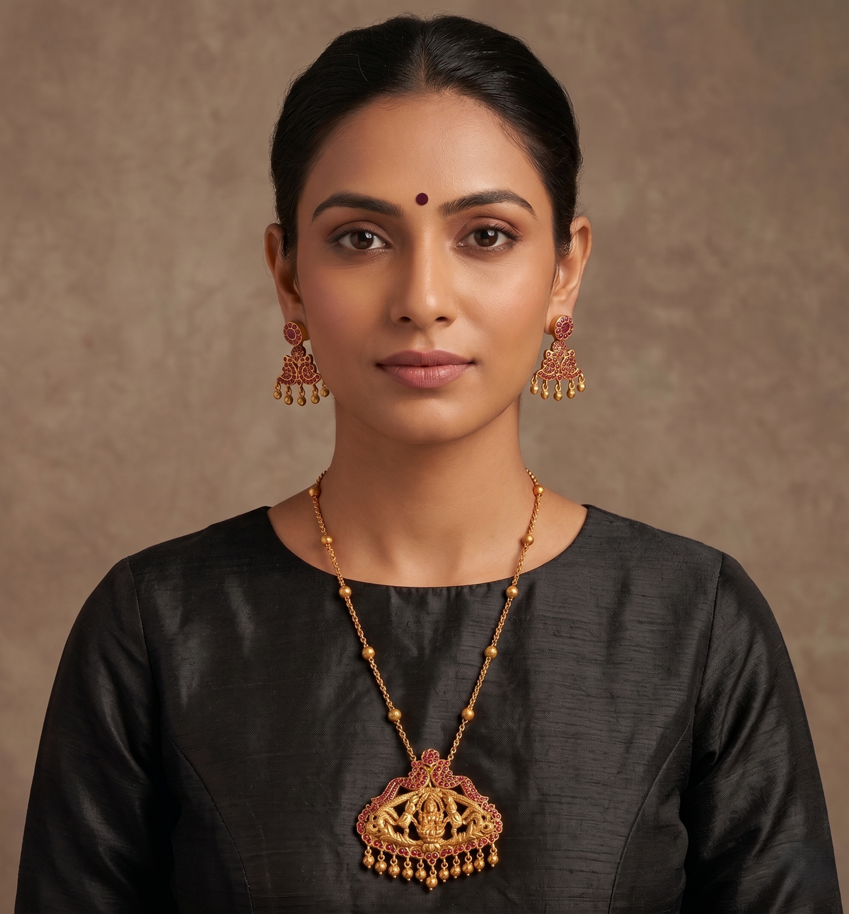 Matte Finish Ruby-emerald Peacock Gajalakshmi Necklace Set-dj07704