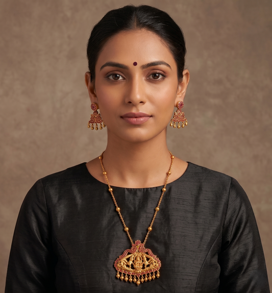 Matte Finish Ruby-emerald Peacock Gajalakshmi Necklace Set-dj07704