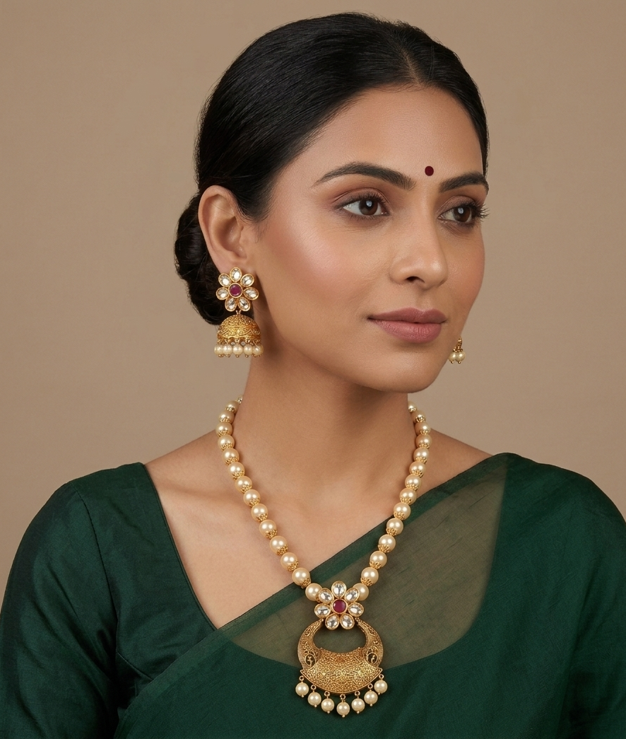 Matte finish cz ruby designer pearl necklace set dj-07732