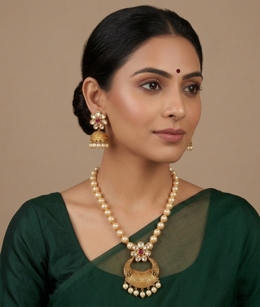 Matte finish cz ruby designer pearl necklace set dj-07732